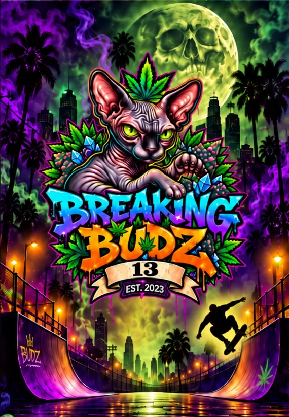 Breaking Budz graffiti logo and green-eyed Sphynx cat under a skull moon above a purple neon skatepark half-pipe; a skateboarder is airborne above the right ramp
